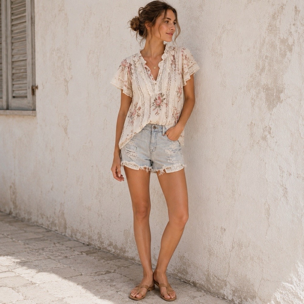 American Eagle High Rise Cutoff Short Sz 4 Light Wash Distressed Boho Festival